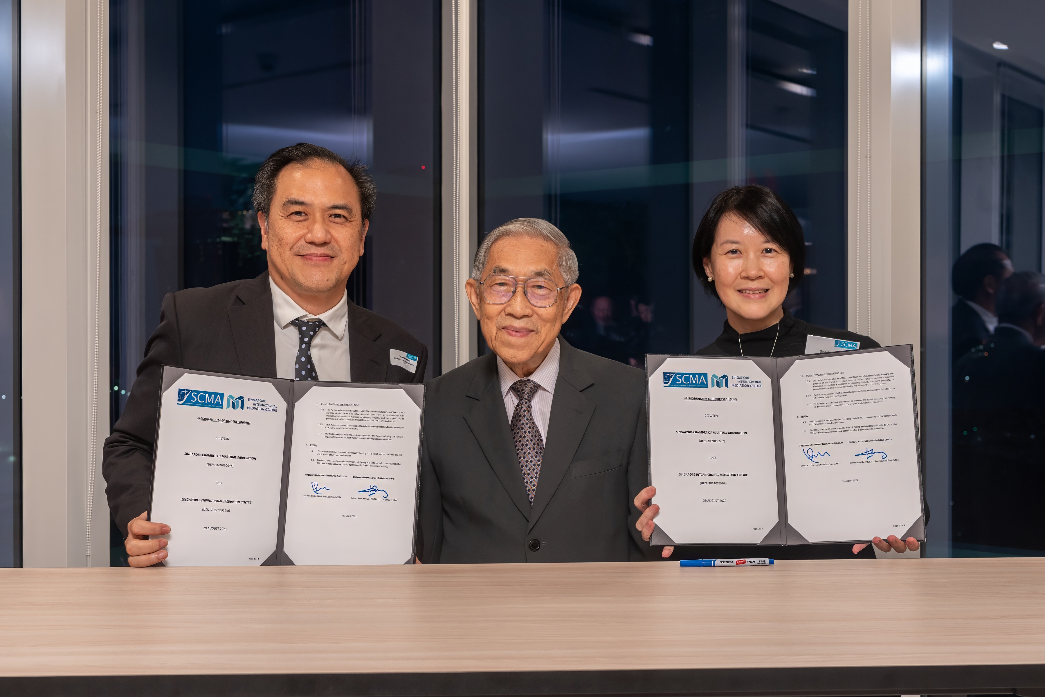 L-R: Chuan Wee Meng, CEO, SIMC; Chao Hick Tin SC, Chairman, SCMA; Bernice Yeoh, Executive Director, SCMA